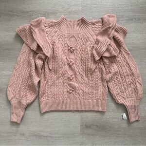 VICI Light Pink Ruffle Shoulder Cable Knit Sweater